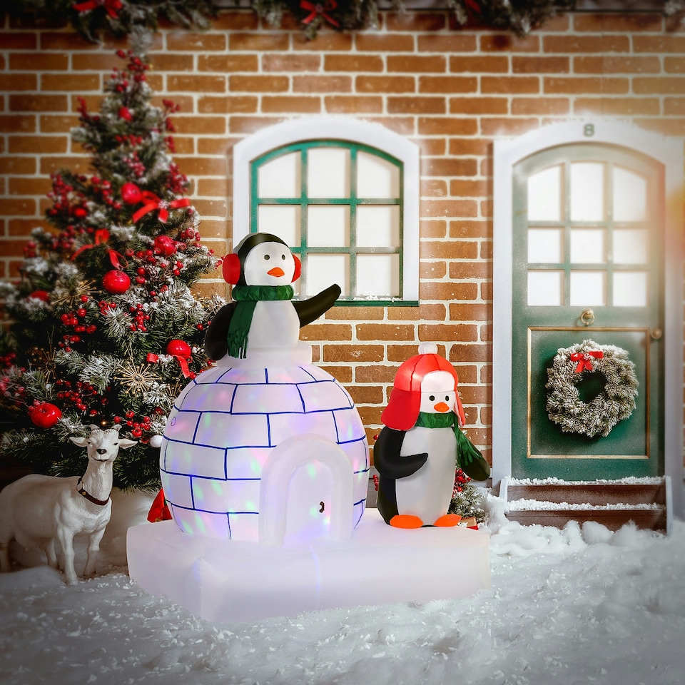 image 1 of HOMCOM 5ft Christmas Inflatable Two Penguins w/ Ice House for Garden Lawn