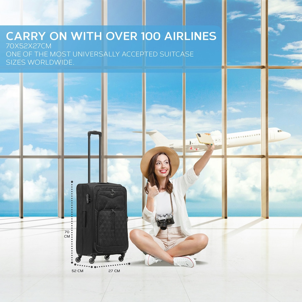 image 1 of Flight Knight Lightweight 4 Wheel 800D Soft Case Quilted Suitcases Anti Crack Cabin & Hold Luggage Options 100+ Airlines Approved - easyJet, BA & Many More! Black | Medium