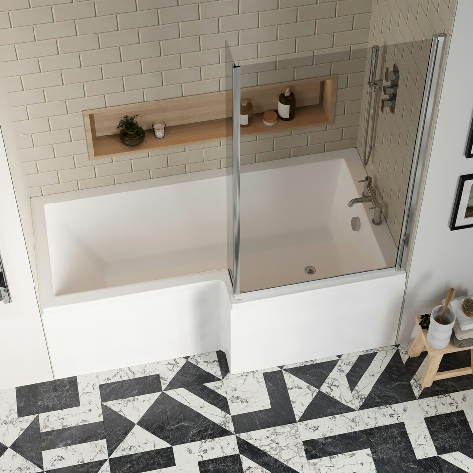 image 1 of 1700mm Right Hand L Shape Bathtub, Front Panel with Bath Screen - Chrome Profile White