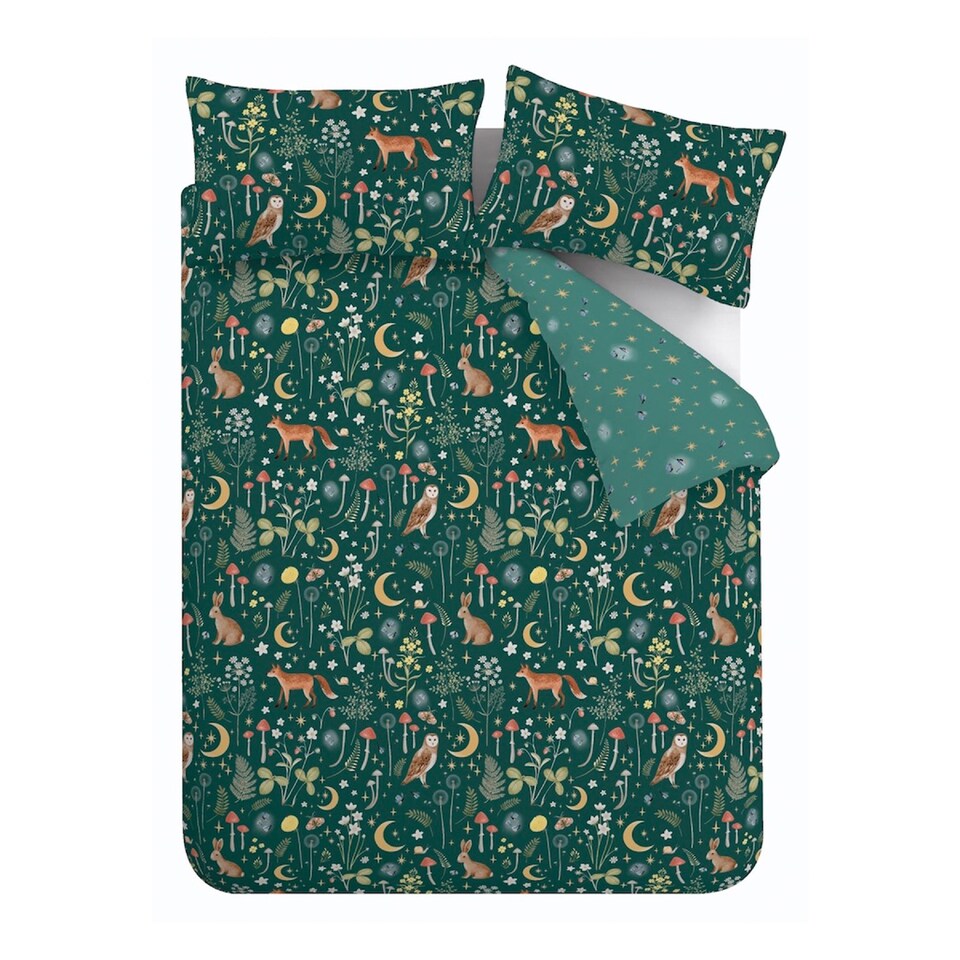 image 1 of Catherine Lansfield Enchanted Twilight Animals Reversible Duvet Cover Set | Green | Forest Green