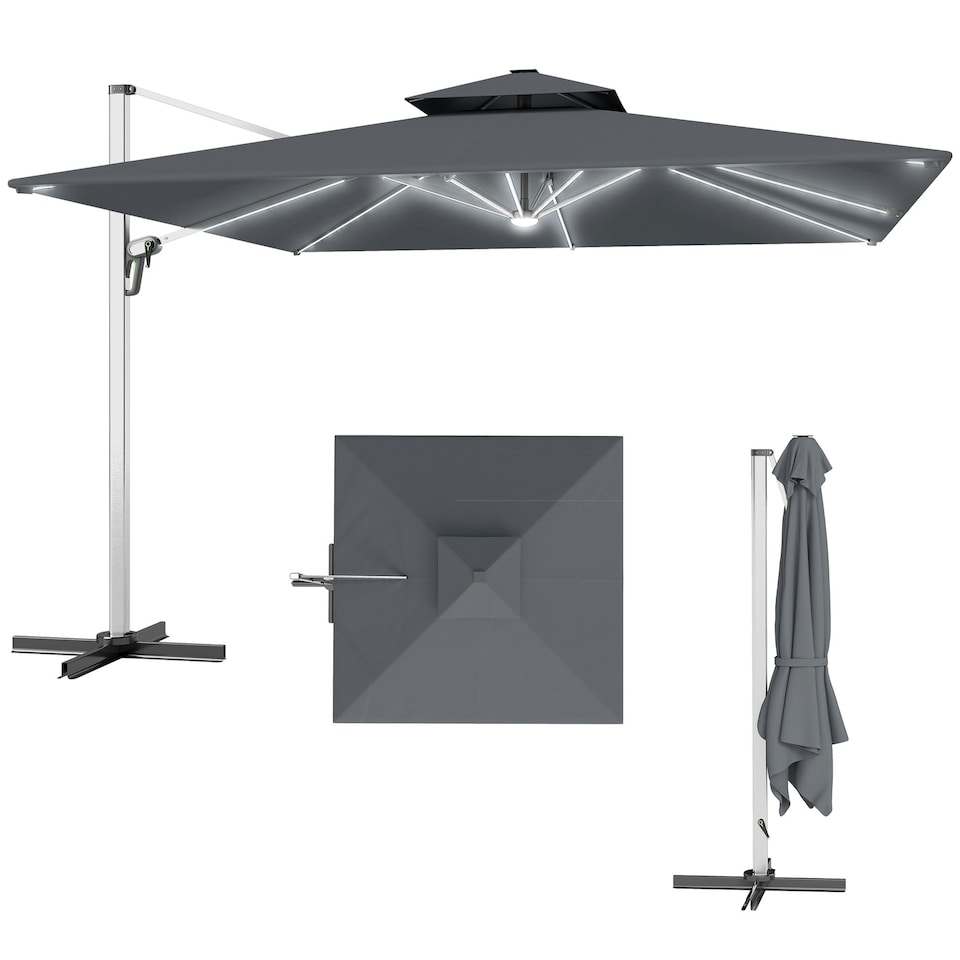 image 1 of Outsunny Garden Cantilever Parasol, Patio Umbrella w/ Solar LED Lights, Grey Grey | Grey