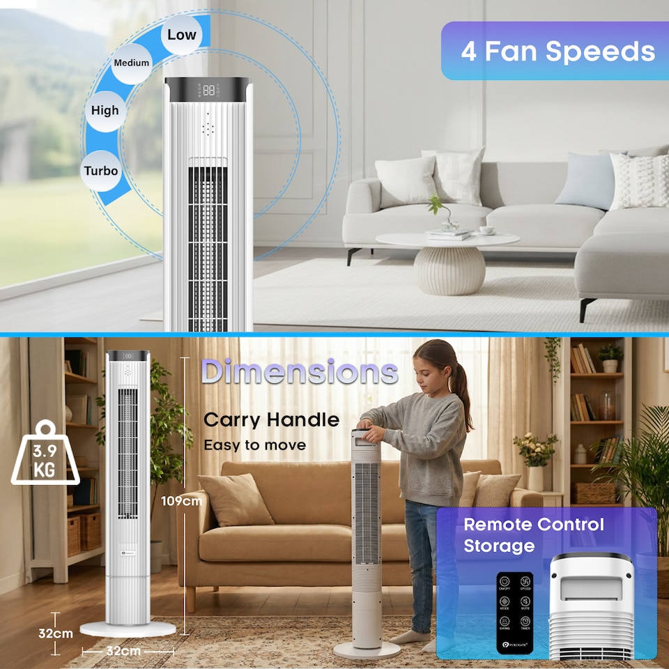 image 1 of PureMate 43-Inch Bladeless Tower Fan with Remote Control - White
