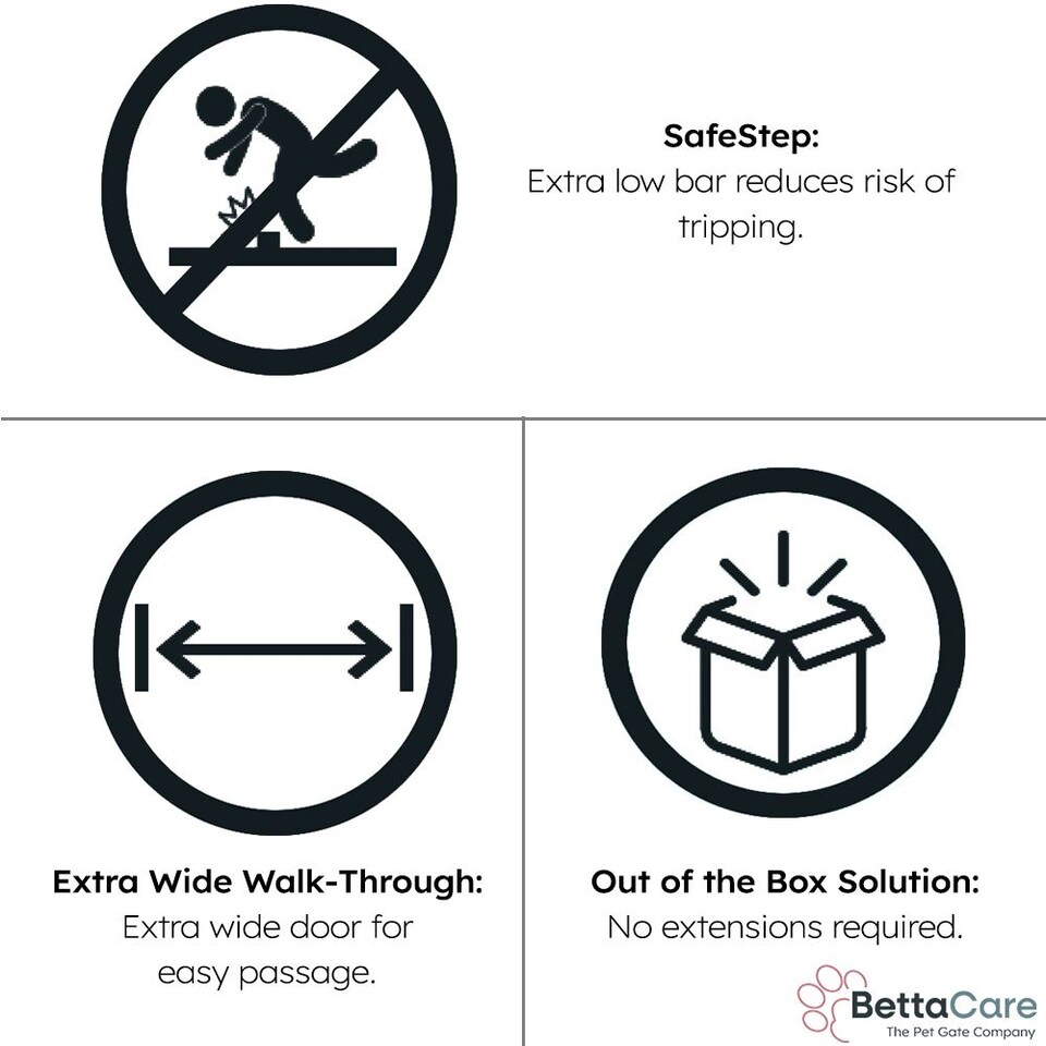 image 1 of Bettacare SafeStep Dog Gate, Black, 68cm - 75cm, Extra Low Walkthrough, Pressure Fit Safety Gate, Pet Gate for Stairs and Doors