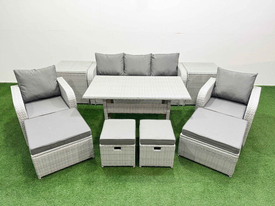 image 1 of Fimous PE Rattan Lounge Sofa Set 9 Seater Outdoor Garden Furniture Set with Dining Table 3 Seater Sofa 2 Big Footstools 2 Side Tables Light Grey
