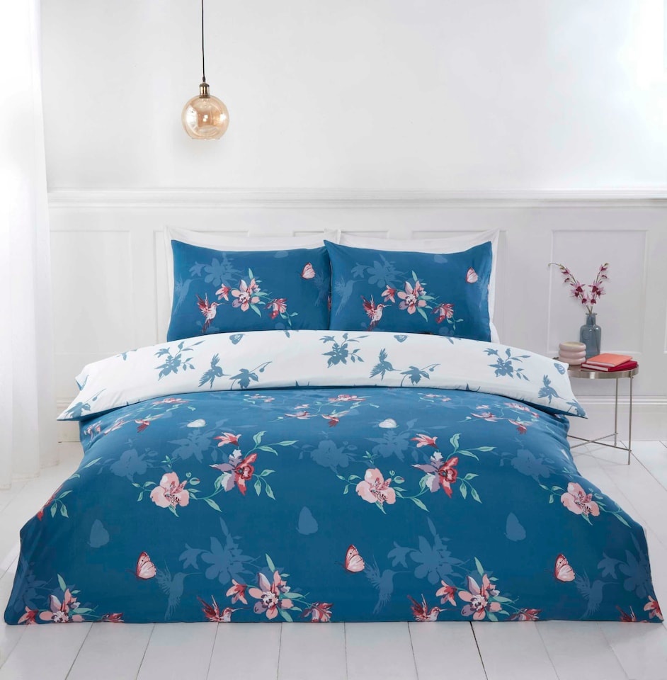 image 1 of Hummingbird Microfibre Reversible Duvet Cover Set with Pillowcase | Blue | Single | 1