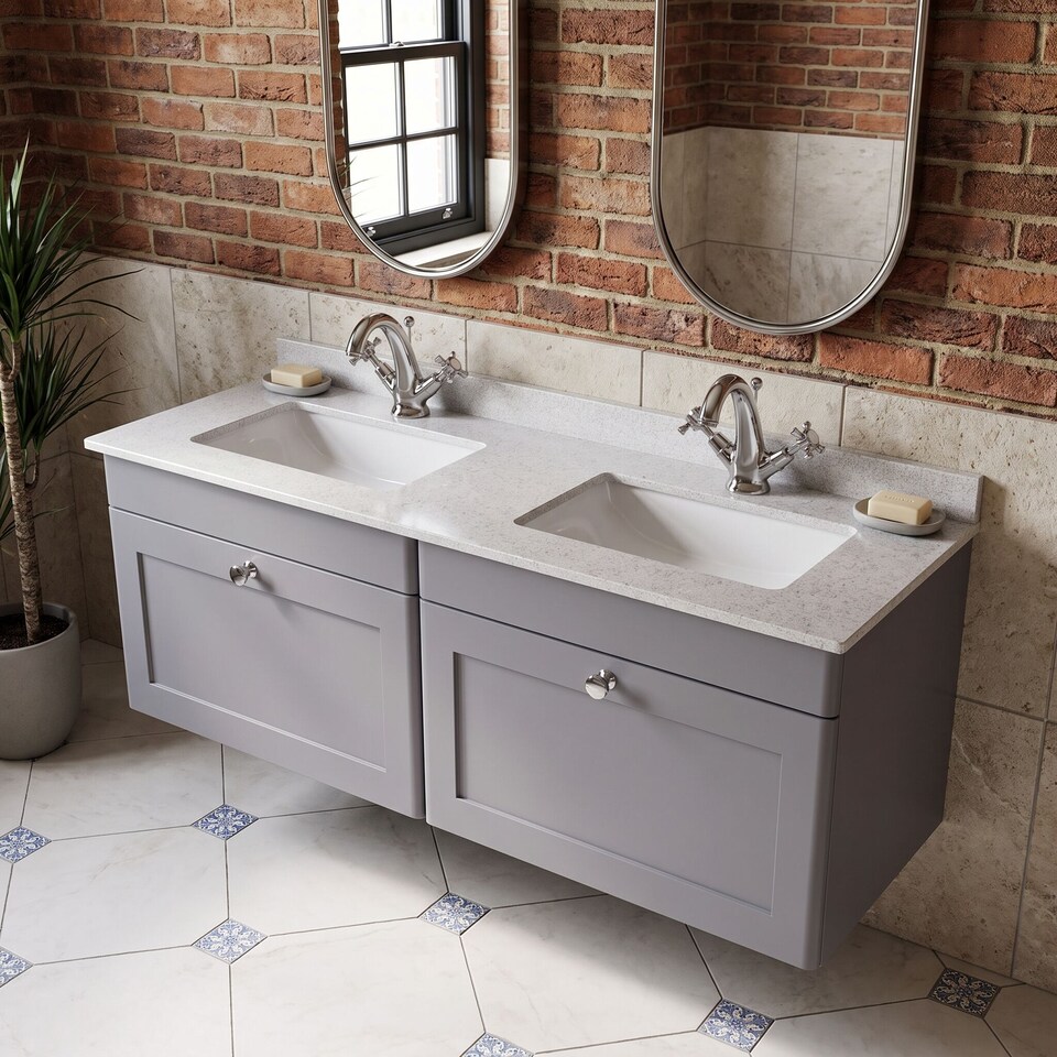 image 1 of Balterley Swynnerton Traditional 2 Drawer Wall Hung Vanity Unit with Double Marble Basin, Satin Grey, 1200mm
