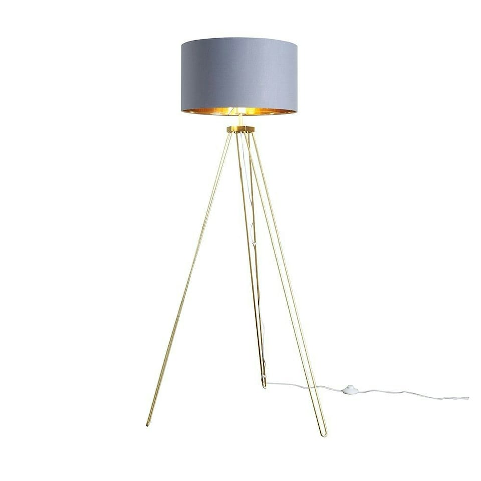 image 1 of ValueLights Aero Modern Gold Hairpin Design Tripod Floor Lamp with Grey/Gold Drum Shade - Includes 6w LED GLS Bulb 3000K