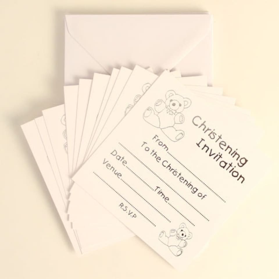 Christening White Invitations With Silver Print And Envelopes - Pack of 10
