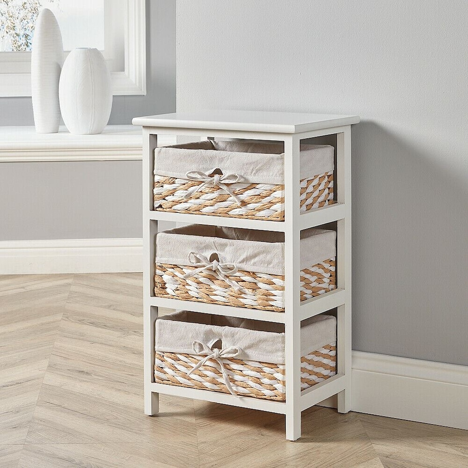 image 1 of Wooden Storage Unit 3 Drawer Wicker Basket Chest Organiser White Fully Assembled