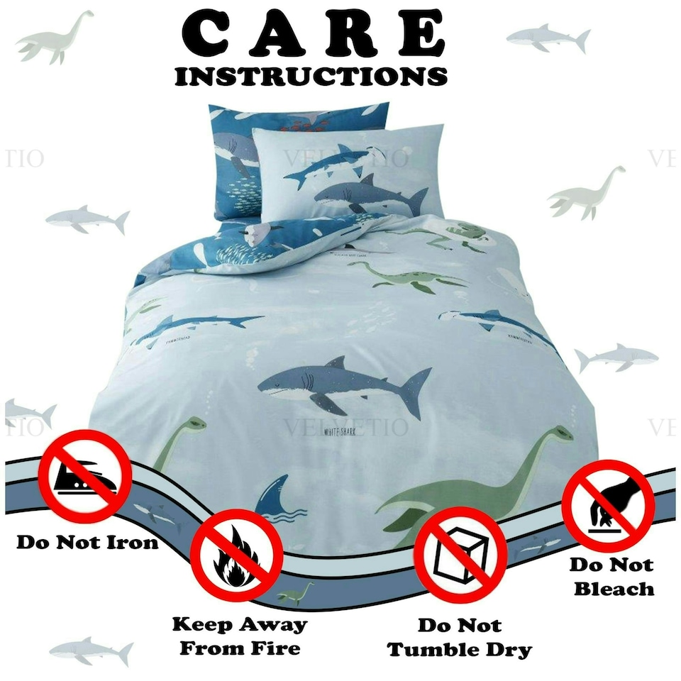 image 1 of VELVETIO Sea Dino Shark Duvet Cover Set Single Blue Soft Polycotton Reversible Kids Beddings Blue | Double