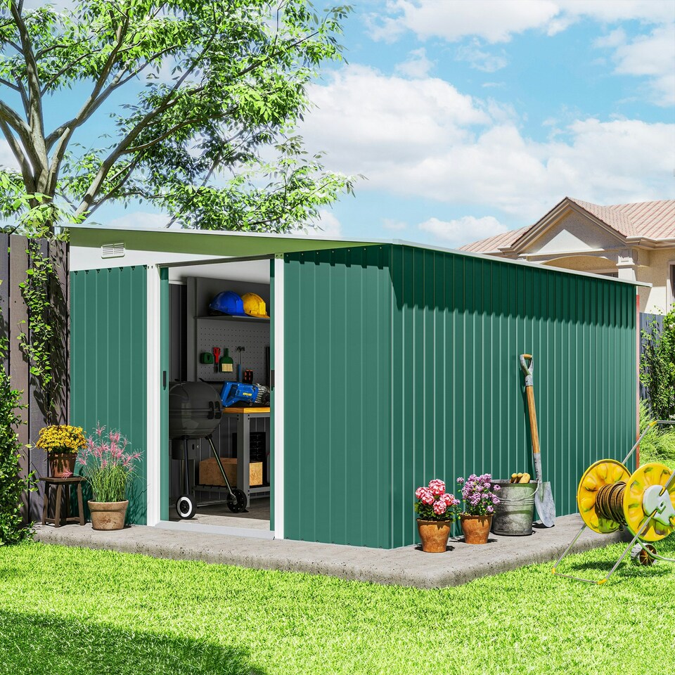 image 1 of Outsunny 11.3x9.2ft Steel Garden Storage Shed w/ Sliding Doors & 2 Vents, Green