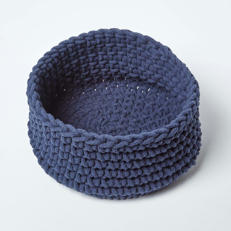 image 1 of Homescapes Navy Blue Cotton Knitted Round Storage Basket - 37 x 21 cm Blue | M