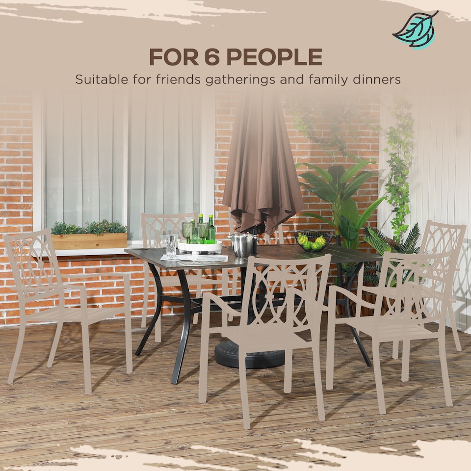 image 1 of Outsunny Garden Table with Parasol Hole, Outdoor Garden Dining Table with Wood Grain Tabletop and Steel Frame for Patio, Deck, Balcony, Brown, 150 x 96 x 73cm