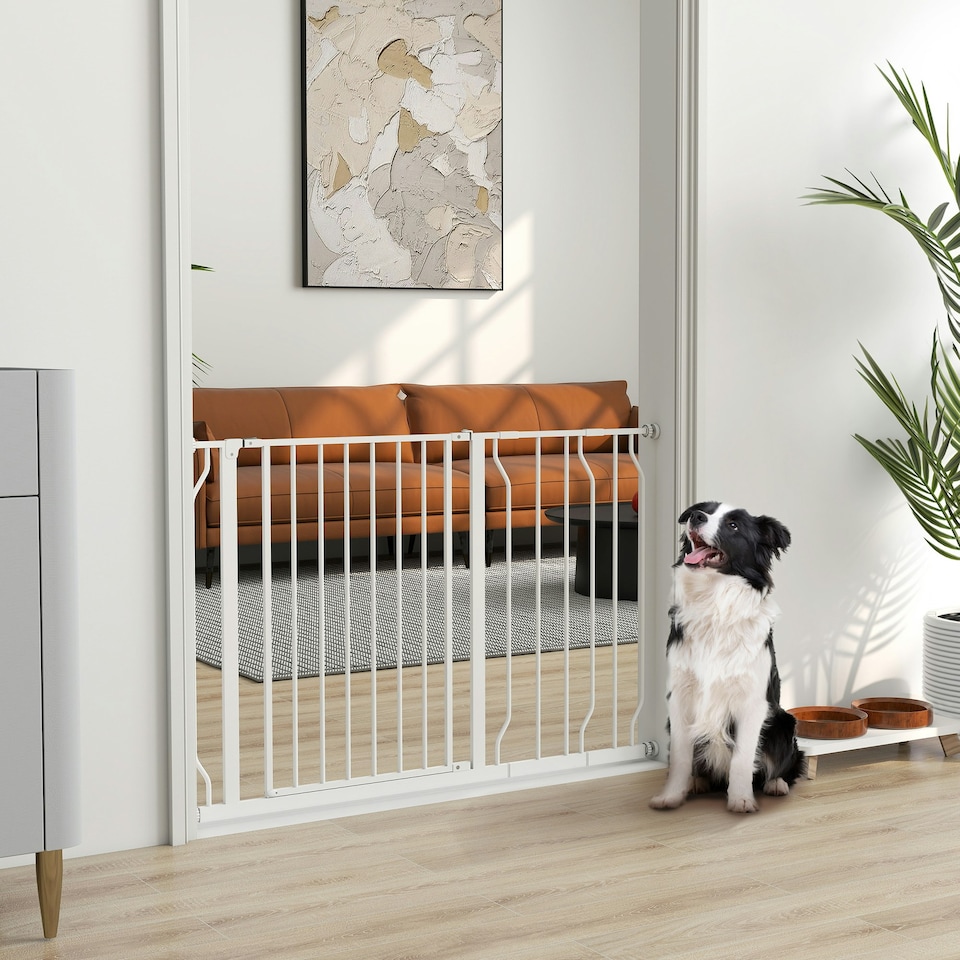 image 1 of PawHut Dog Gate Wide Stair Gate w/ Door Pressure Fit, 75-115W cm, White