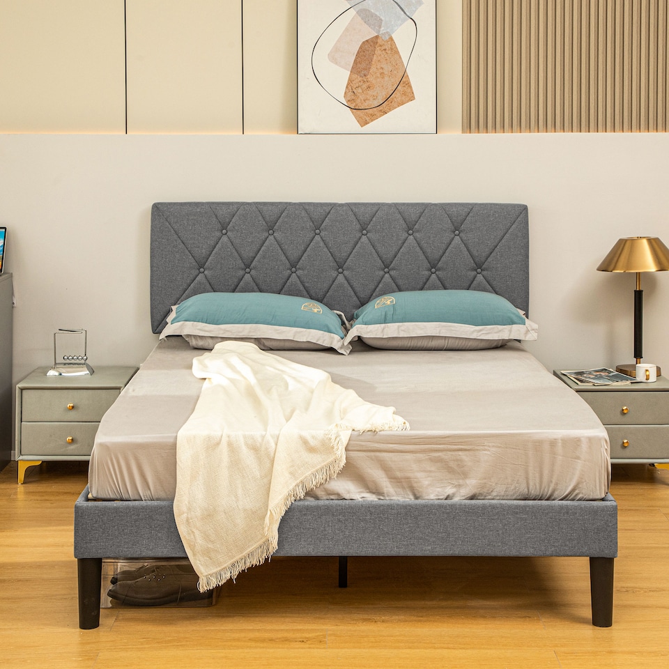 image 1 of HOMCOM Double Bed Frame with 5-Level Adjustable Linen Upholstered Headboard, Wooden Slats Mattress Foundation, No Box Spring Needed, Grey
