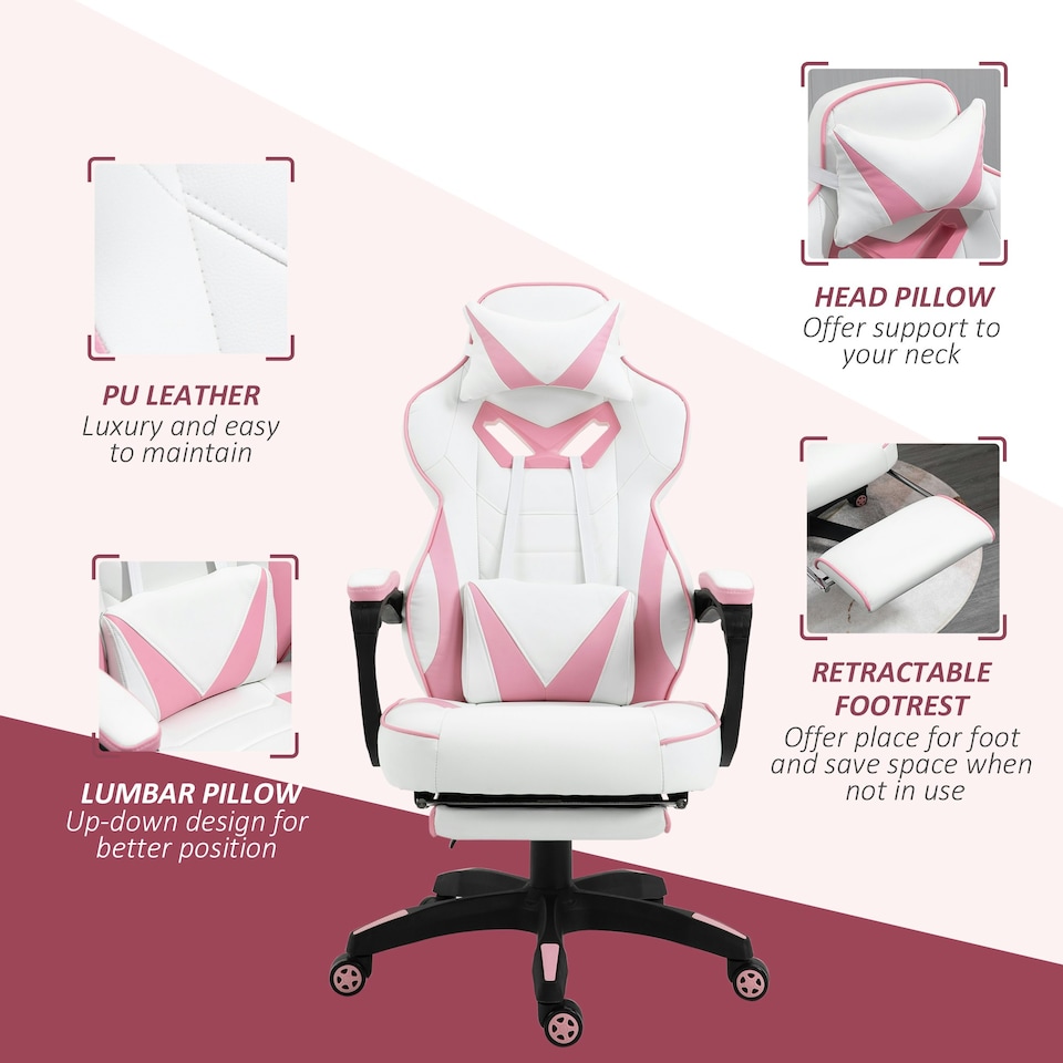 image 1 of Vinsetto Gaming Chair Ergonomic Reclining Manual Footrest Wheels Stylish Pink