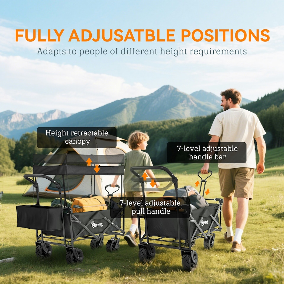 image 1 of Outsunny Outdoor Push Pull Wagon Stroller Cart w/ Canopy Top Black