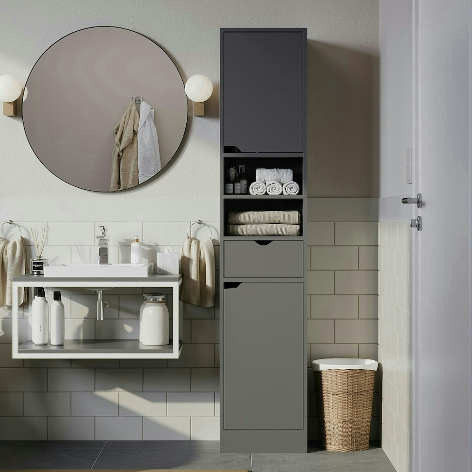 image 1 of 2 Door 1 Drawer Bathroom Cabinet | White | Oak / Oak