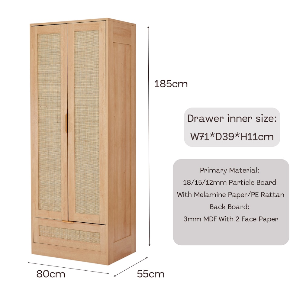 image 1 of 2-Door Rattan Wardrobe Closet Armoire with Drawer and Hanging Rack - W80xD55xH185 CM - Natrual
