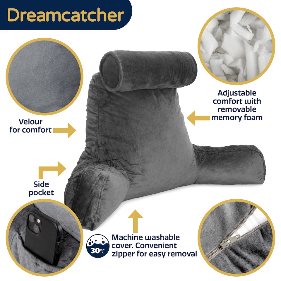 image 1 of Dreamcatcher Deluxe XL Grey Reading Pillow Detachable Headrest, Shredded Memory Foam Cuddle Cuddle Cushion Backrest Arm Support | Grey | Grey | XL - Grey | 1