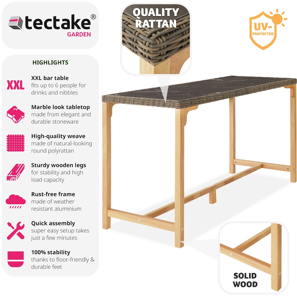 image 1 of Polyrattan Garden Table Terrace Porcelain Stoneware Tabletop Dining Table UV-resistant161 x 64.5 x 99.5 cm | Cream | nature | 161 x 64,50 x 99,50 cm | 1