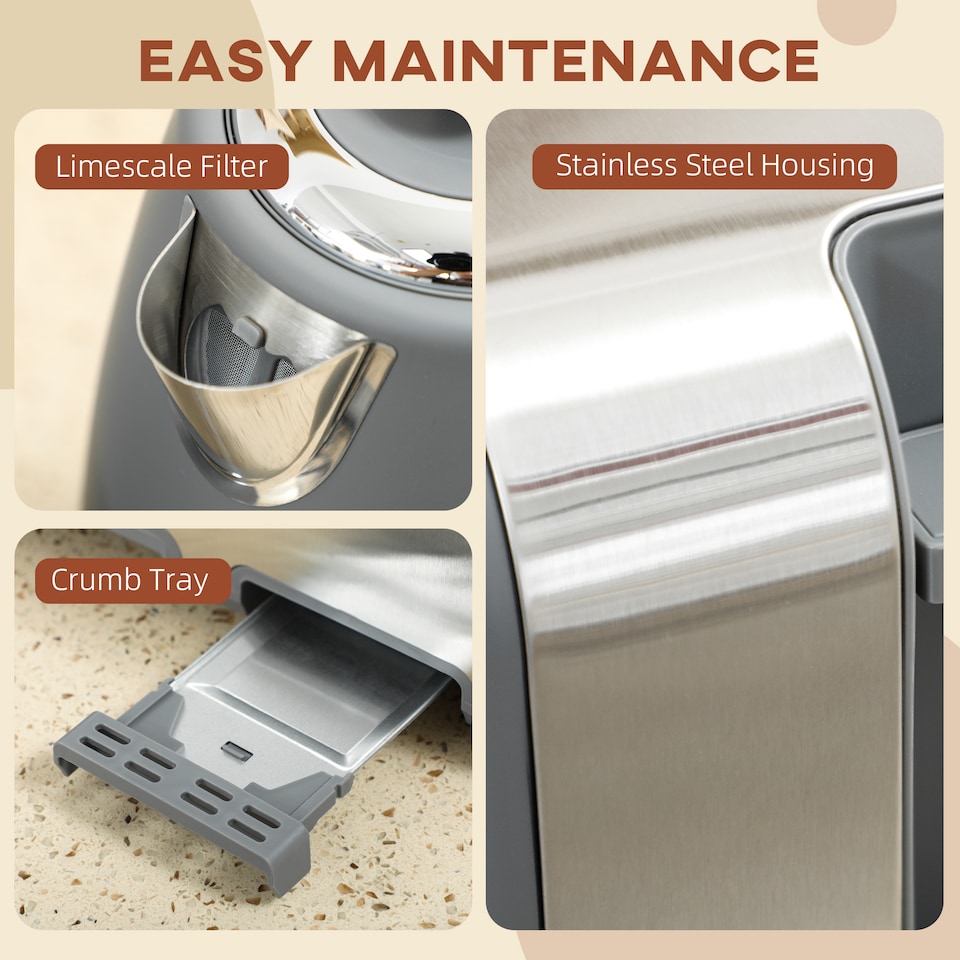 image 1 of HOMCOM Stainless Steel Kettle and Toaster Set, 1.7L 3000W Rapid Boil Jug Kettle with UK Strix Thermostat, Limescale Filter, 4 Slice Toaster with 7 Browning Controls, Crumb Tray, Grey and Silver Tone