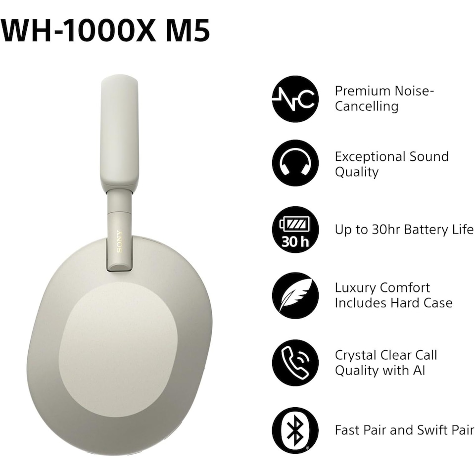 image 1 of Sony WH-1000XM5 Wireless Noise Cancelling Headphones Silver Hard Case