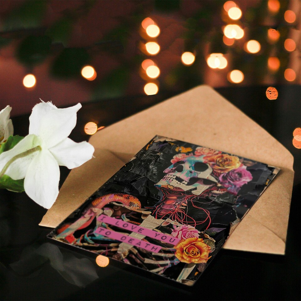 image 1 of Floral Gothic Memento Mori Skeleton Collage Partner Anniversary Card