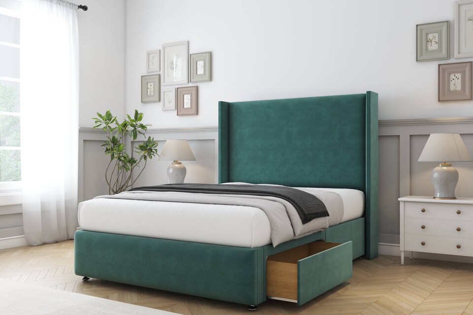image 1 of Sloomy Stratford Emerald Plush Divan Bed With Mattress 2 Drawers Footend With 54" Wingback Headboard & 12" Matching Footboard 4' Small Double | Green | Emerald | Small Double | 1