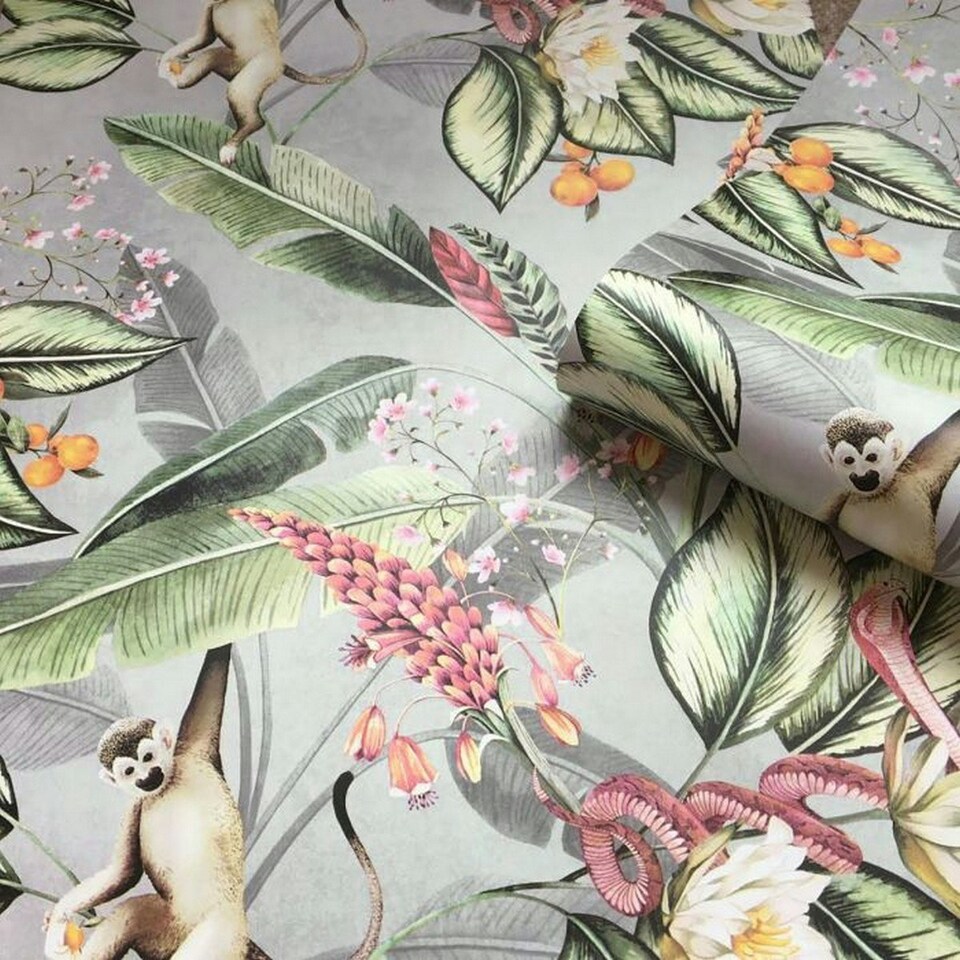 image 1 of Belgravia Animal Graden Floral Wallpaper - Grey - 32.8ft x 21in Grey