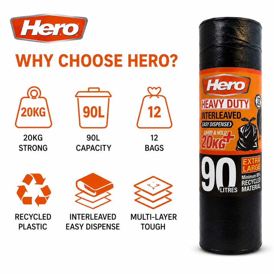 image 1 of Hero 90L Extra Heavy Duty Black Bin Bags – Strong Refuse Sacks | 12 Bags per Roll for Household, Garden & Commercial Use