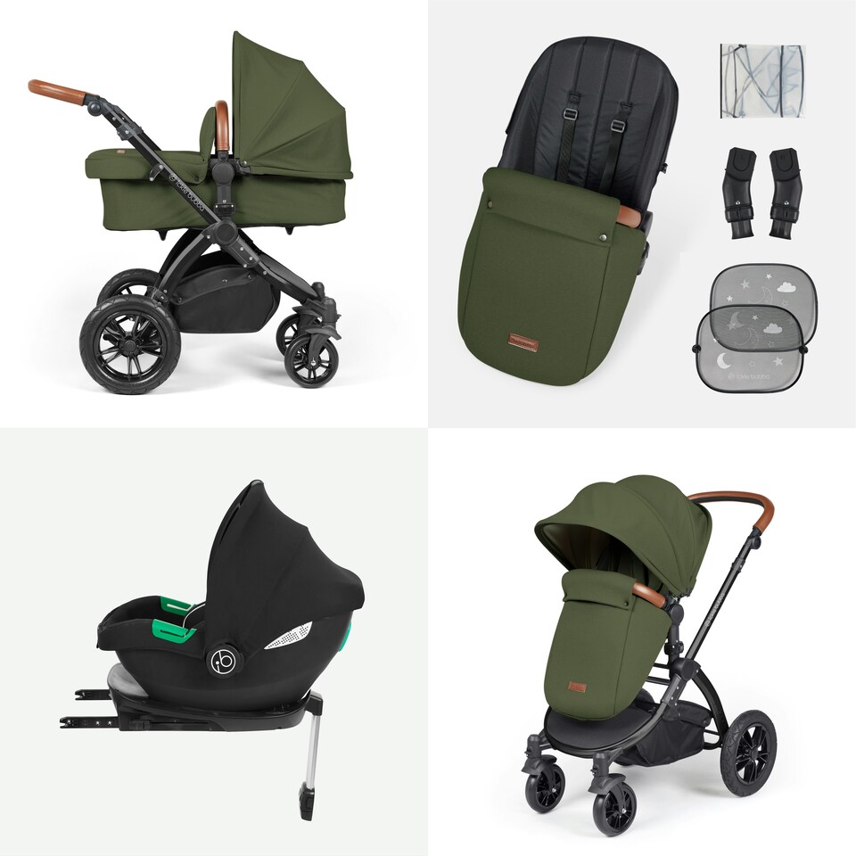 image 1 of Stomp Luxe 12pc Travel System with Cirrus i-Size Car Seat & ISOFIX Base, Carrycot, Reversible Seat, Rain Cover & More (Black/Woodland/Tan)