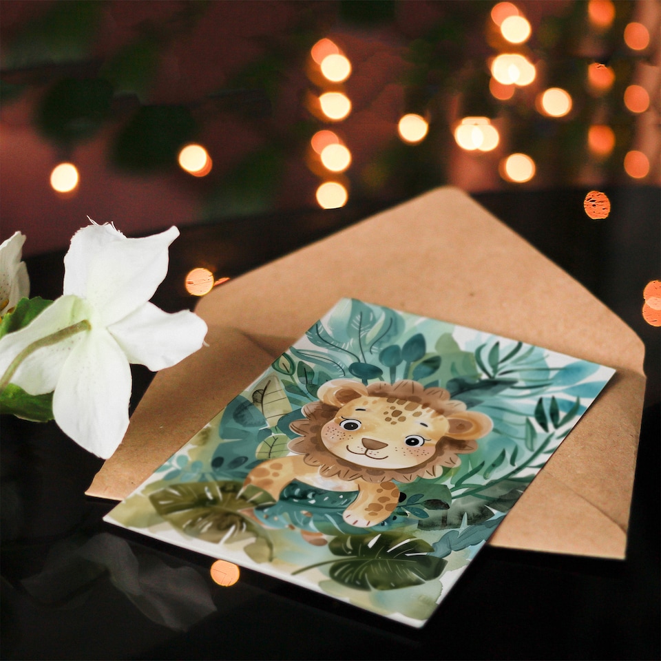 image 1 of Cute Baby Lion Cub Playing In Jungle Watercolour Birthday Card