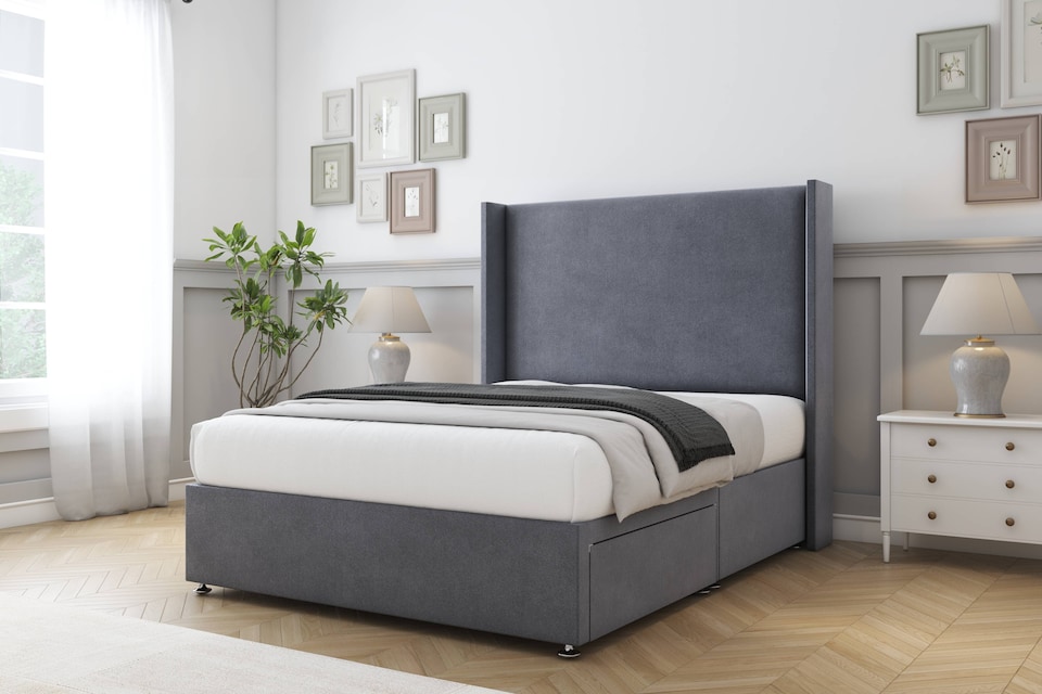 image 1 of Sloomy Devonshire Steel Plush Divan Bed Base No Drawers With 54 Inch Wingback Headboard | Grey | Steel | Small Single | 1