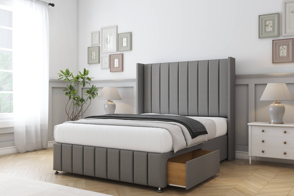 image 1 of Sloomy Melbourne Pewter Dumfries Divan Bed With Mattress No Drawers With 54" Wingback Headboard & 12" Matching Footboard 3' Single | Grey | Pewter | Single | 1