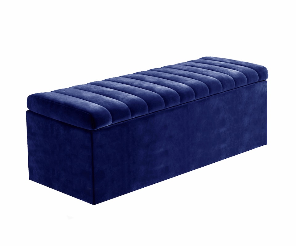 image 1 of 120cm Safar Large Striped Storage Ottoman Box, Sapphire Blue Plush Velvet Upholstered Deep Storage Ottoman End of Bed Bench