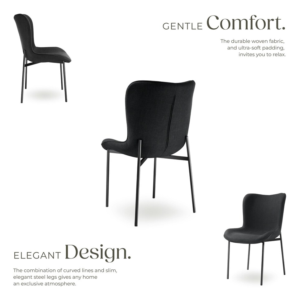 image 1 of Dining Chair Tessa - ergonomic high backrest, slim steel legs, soft fabric - Set of 4 Black | Woven Fabric Black/Black