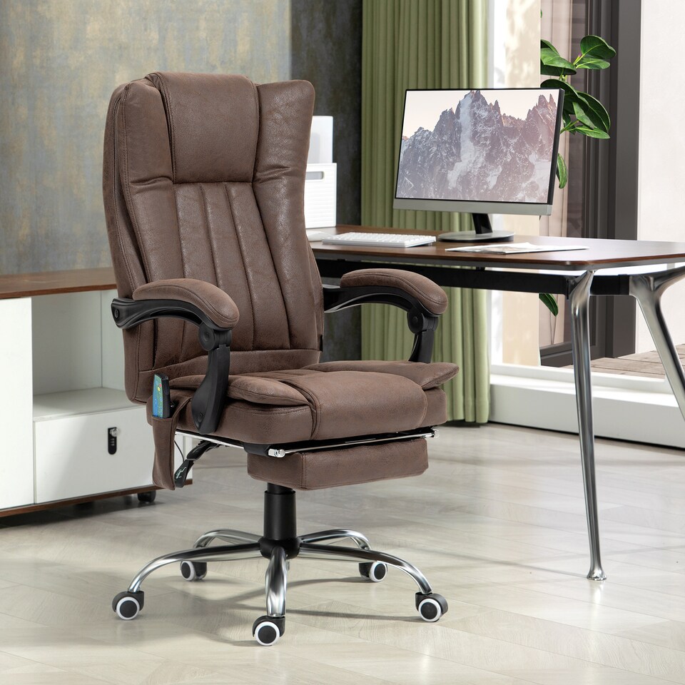 image 1 of Vinsetto Office Chair with Massage and Heat, Microfibre Reclining Computer Desk Chair with Footrest and Adjustable Height, Swivel Wheels for Home Office, Dark Brown