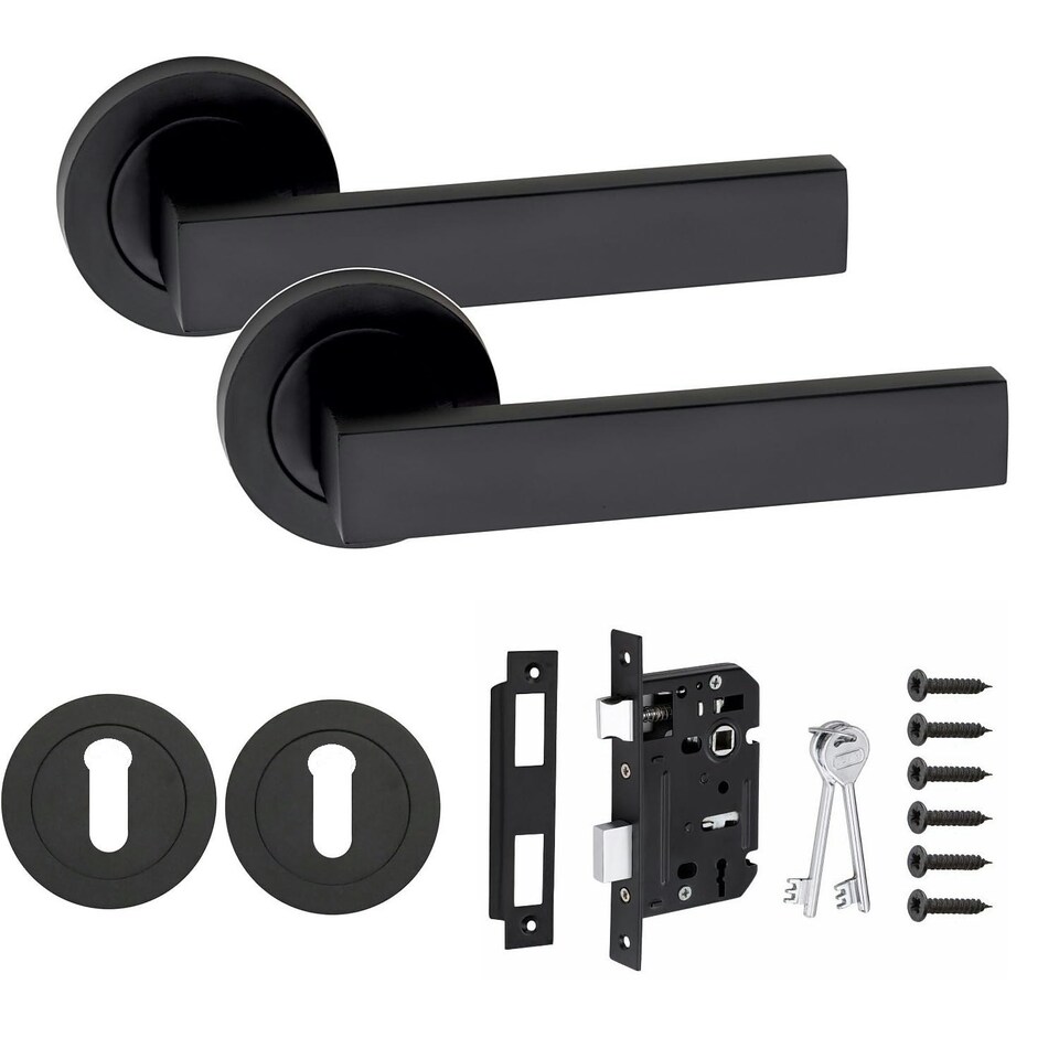 image 1 of Golden Grace Delta Handles Set on Round Rose in Matt Black Finish with 64mm 3 Lever Mortise Lock and Key Hole Black