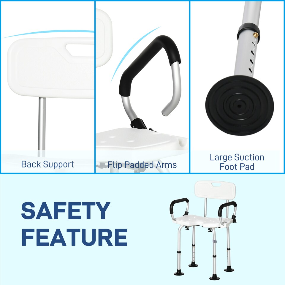 image 1 of HOMCOM Shower Chair for the Elderly and Disabled, Height Adjustable Shower Stool with Back and Flipped Padded Arms, Suction Foot Pads, White