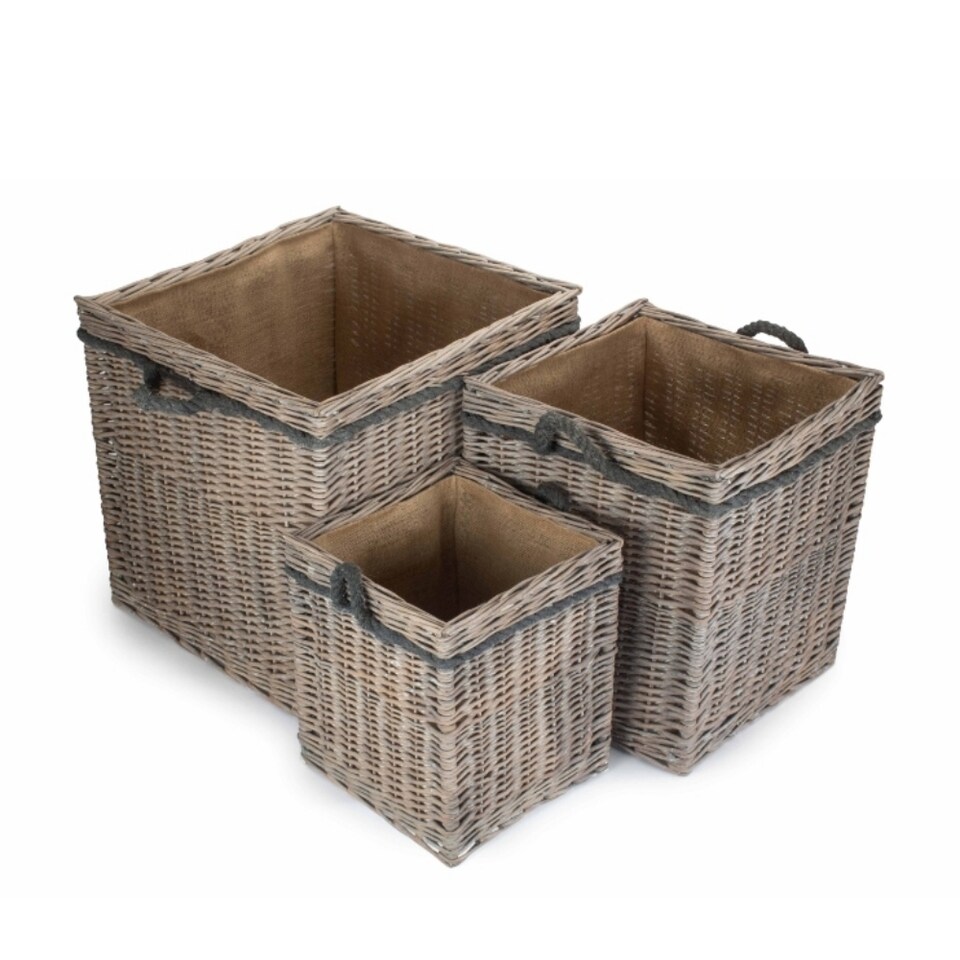 image 1 of Set of 3 Wicker Grey Wash Square Hessian Lined Log Basket | Grey | Grey | Not provided