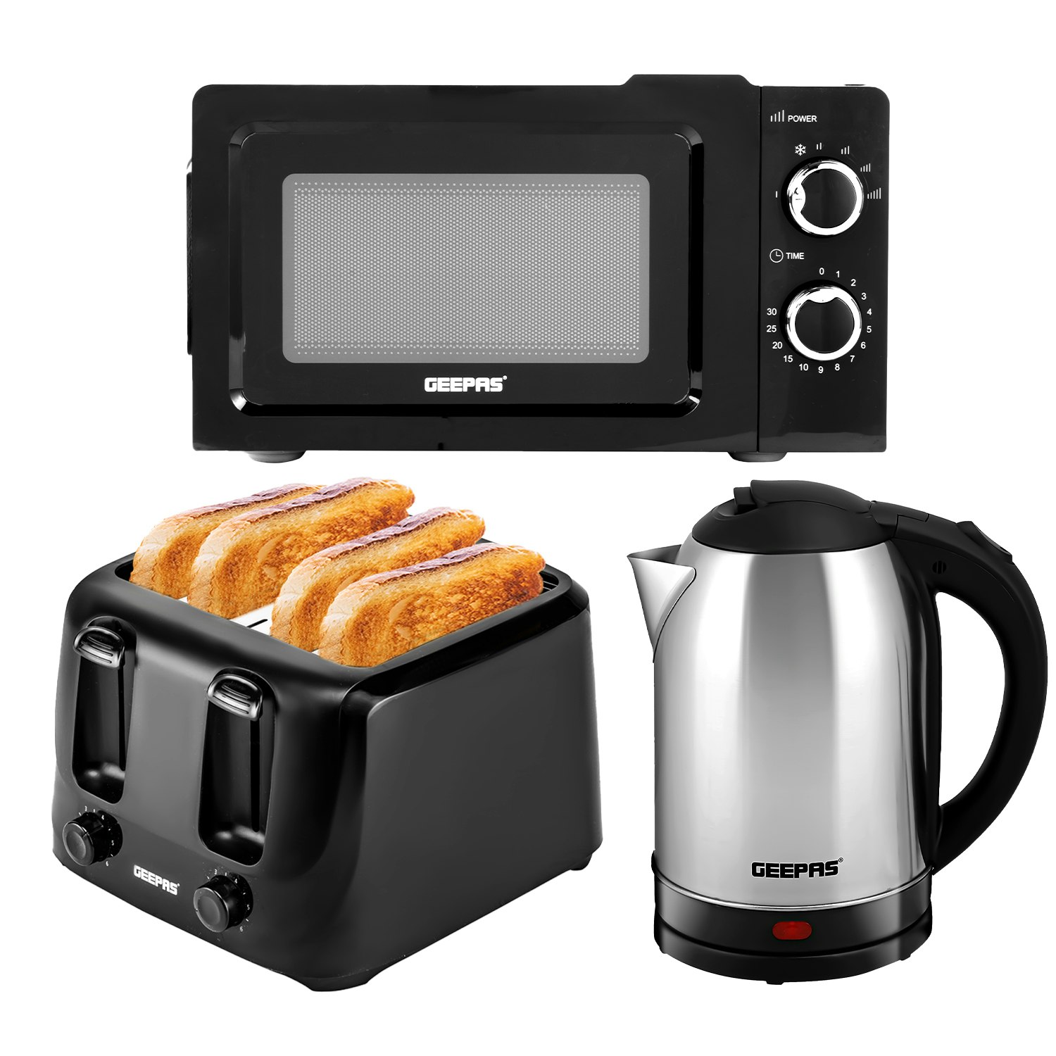GEEPAS Electric Kettle 4 Slice Bread Toaster & Microwave Kitchen Set