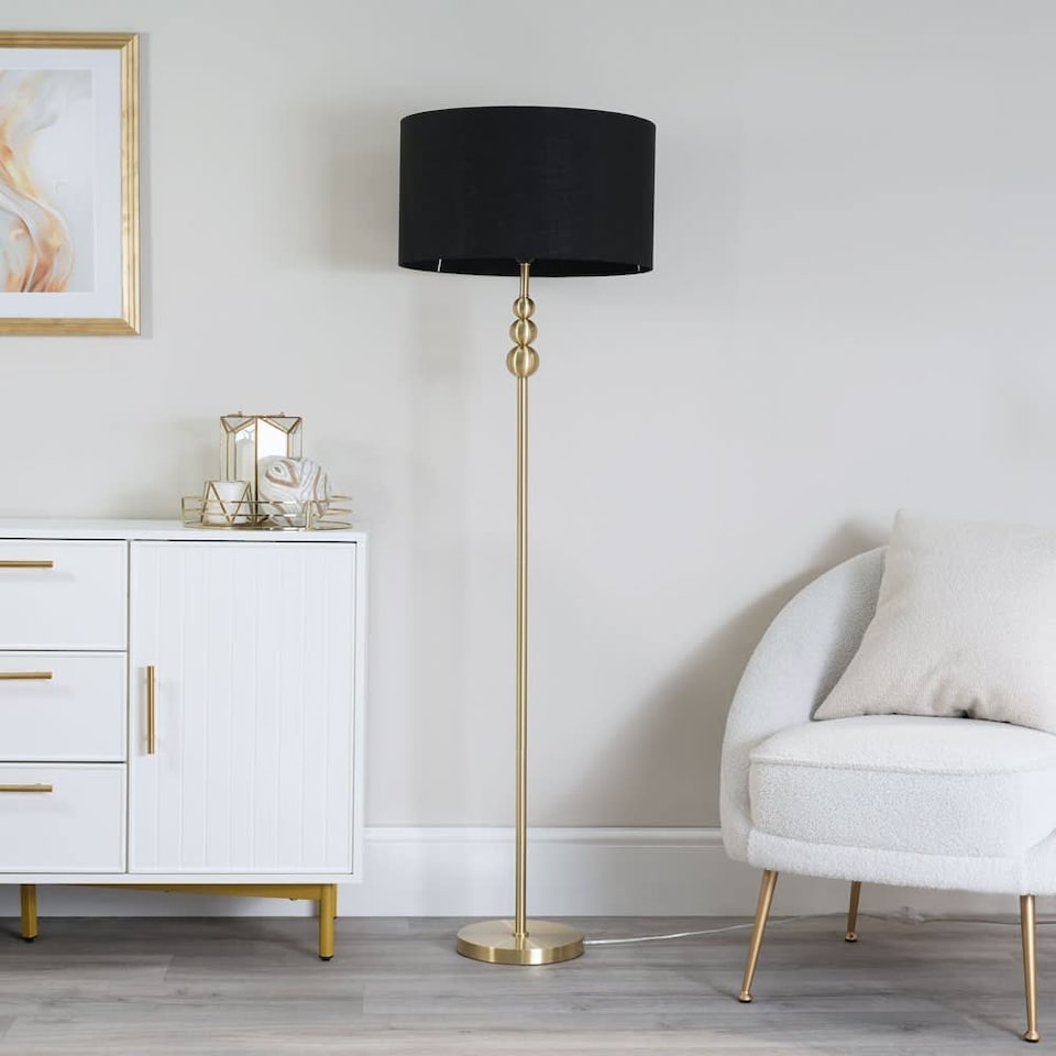 image 1 of ValueLights Marissa Black Shade with Brushed Gold Stacked Ball Floor Lamp & Bulb | Black