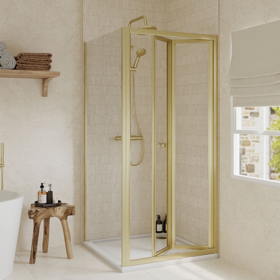 image 1 of Ruwa Square Bi-Fold & 4mm Glass 900x900mm Tray Door Side Panel Brass | Copper | Brushed Brass | 3