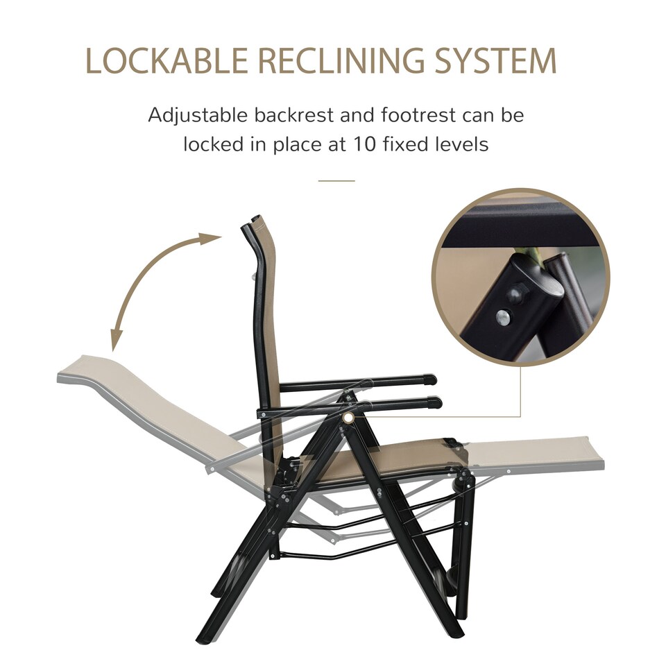 image 1 of Outdoor Reclining Garden Chair Set of 2, 10-Position Adjustable Folding Sun Lounger Zero Gravity Chairs with Texteline Seat, Armrests and Footrest for Patio, Beige