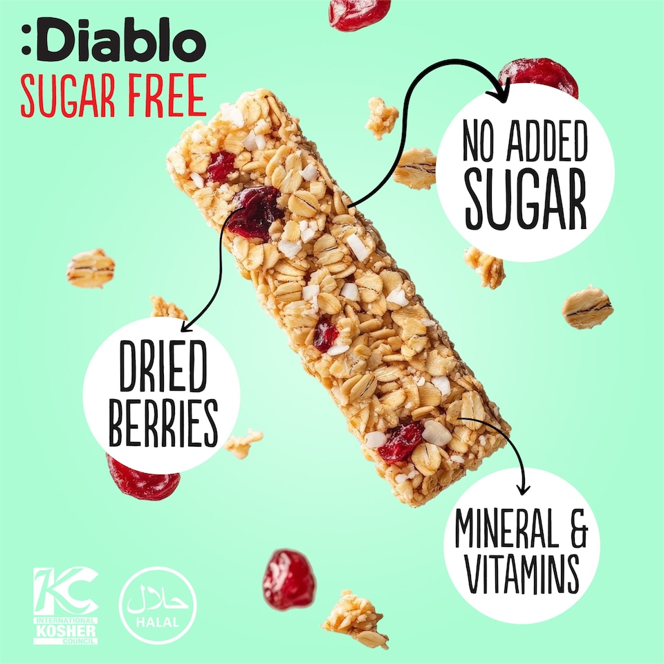 image 1 of Diablo No Added Sugar Cranberry and Raspberry Muesli Bar 30g 4 Pack