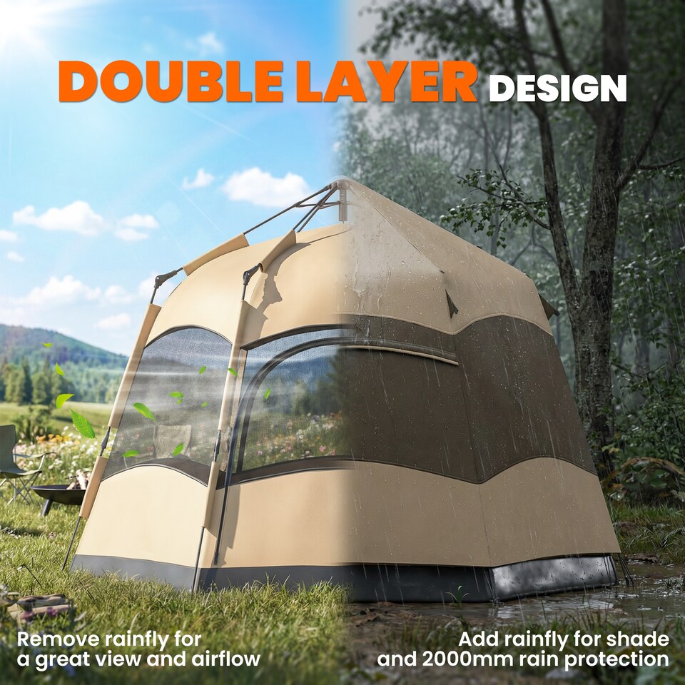 image 1 of Outsunny Double Layer Pop Up Tent with Rainfly, Portable Camping Shelter | Brown