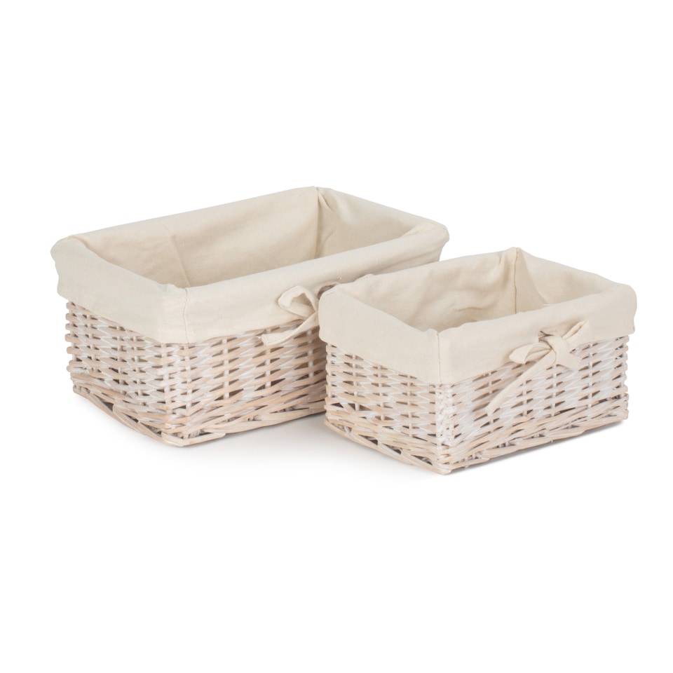 image 1 of Set of 2 White Wash Finish Cotton Lined Willow Tray | White | White | Not provided