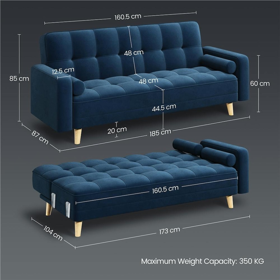 image 1 of Yaheetech Velvet Convertible Sofa Bed | Blue | Three Seater
