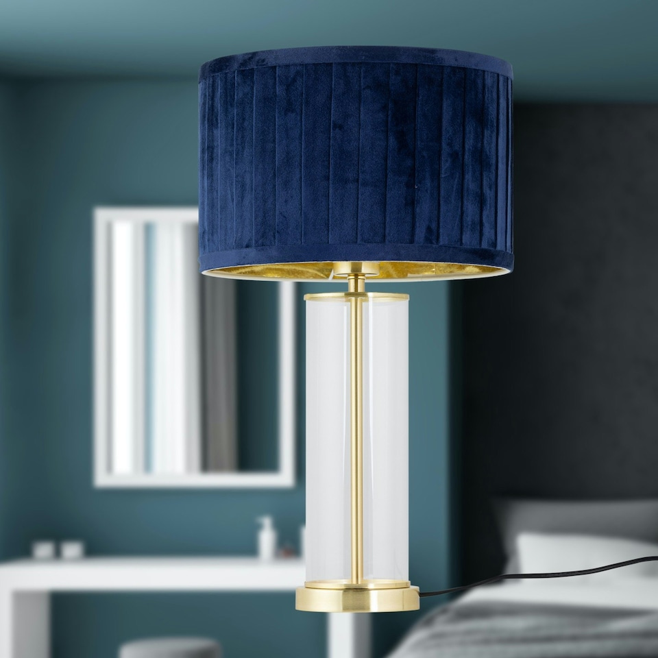 image 1 of Aura - Satin Brass Table Lamp with Navy Blue Pleated Velvet Shade Bronze | Blue